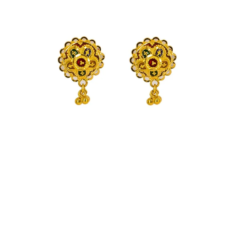 Small Gemstone Earrings-22K Yellow Gold Earrings W/ Enamel Paint & Shield Flower Design