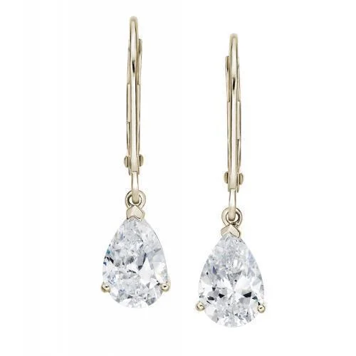 Long Diamond Earrings-Pear drop earrings with 2 carats* of diamond simulants in 10 carat yellow gold