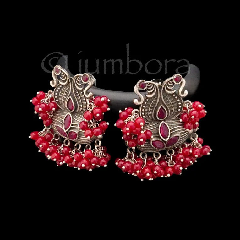 Retro Vintage Earrings-Ruby red Oxidized German Silver big earrings