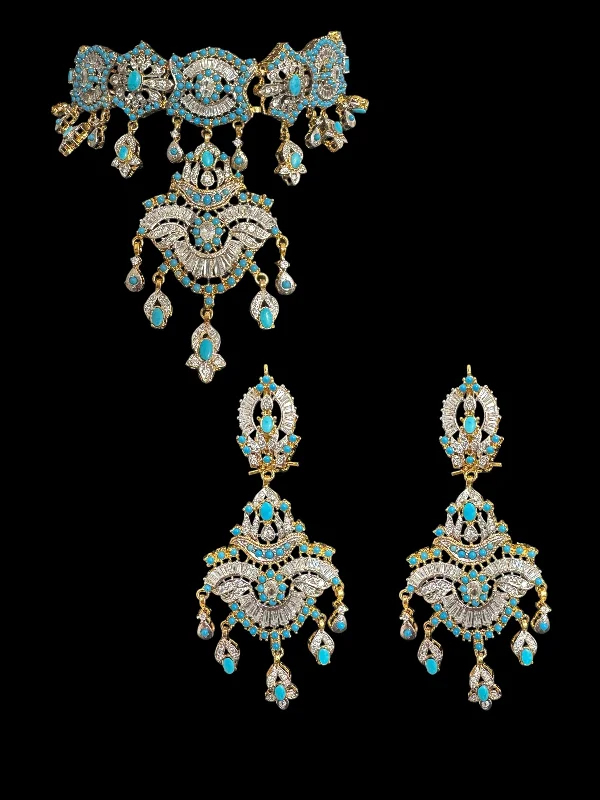 Modern Silver Earrings-C545 Azeeza Feroza zircon choker with earrings ( READY TO SHIP )