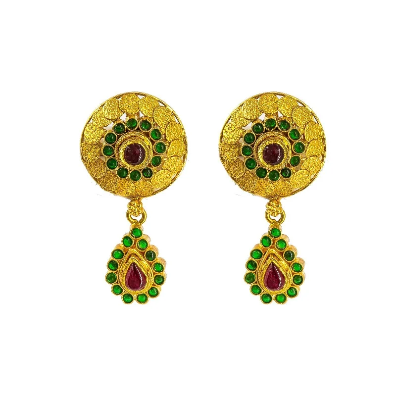 Eco-Friendly Earrings-22K Yellow Gold Drop Earrings W/ Ruby & Emerald Gold Disc Motifs & Pear Shaped Drops