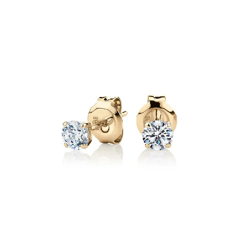 Sterling Silver Earrings-Round Brilliant stud earrings with 0.5 carats* of diamond simulants in 10 carat yellow gold