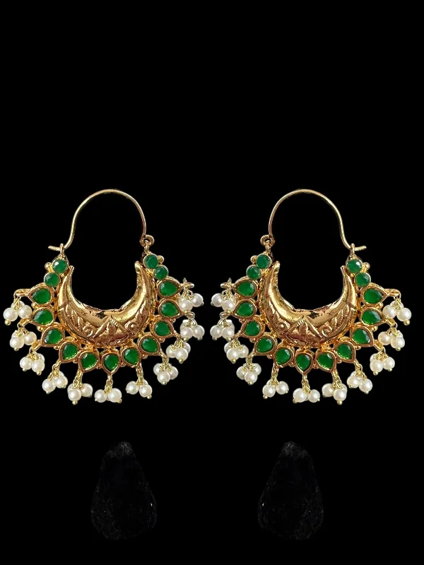 Gold Bead Earrings-DER741 Chandbali earrings - hoop style - Emerald   ( medium sized ) ( READY TO SHIP )