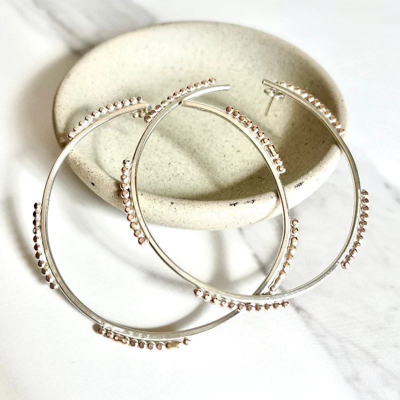 Artistic Drop Earrings-Mixed Metal Silver and Rose Gold Statement Hoops - Nickel Free Hypoallergenic