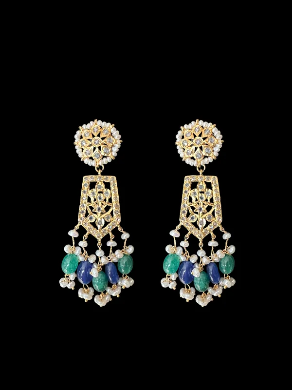 Shiny Crystal Earrings-DER598 Indu earrings with fresh water pearls and emerald sapphire beads ( READY TO SHIP )