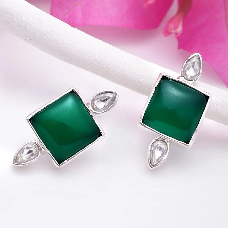 Customizable Silver Earrings-92.5 Silver Serene Green Onyx Stud Earrings