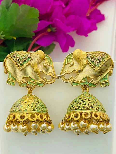 Black Diamond Earrings-Gorgeous Cream And Green Elephant Earrings With Jhumkas