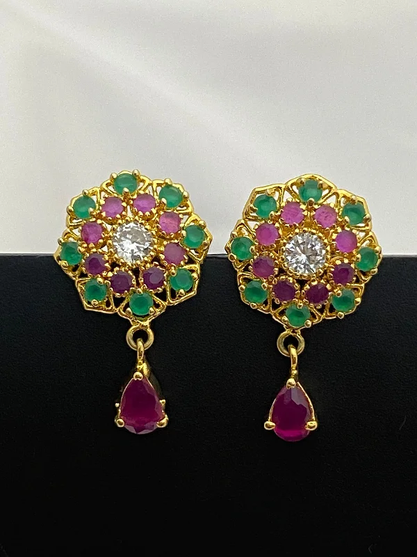 Gemstone Hoop Earrings-Delightful Ruby And Emerald Stoned Earrings For Women