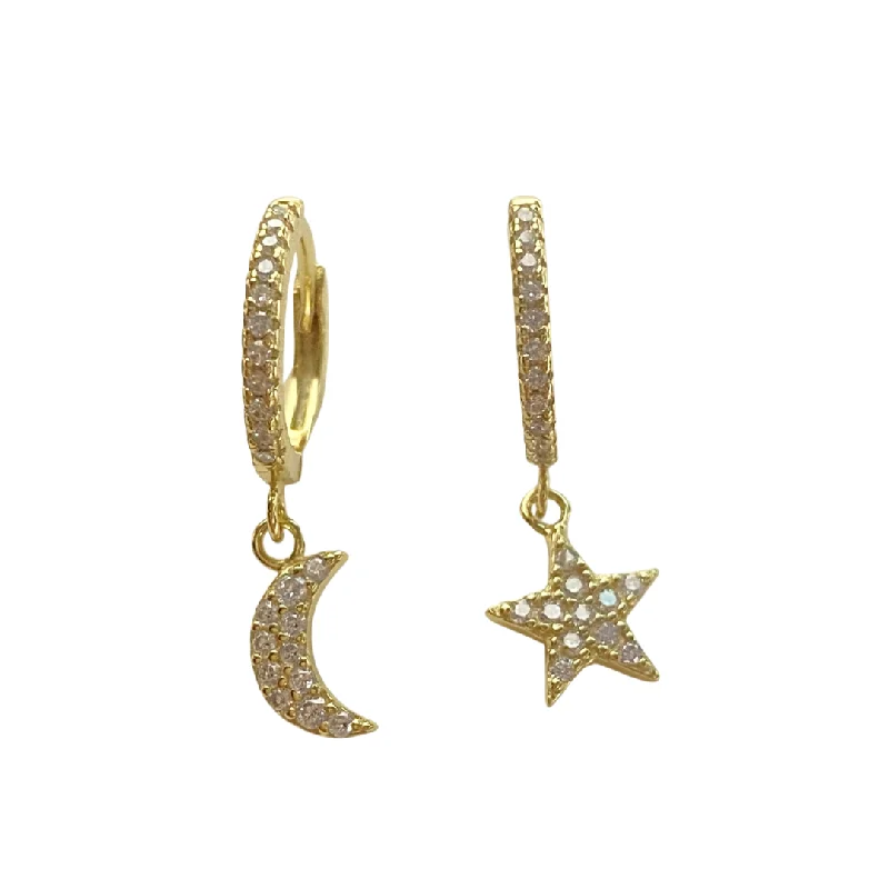 Handmade Silver Earrings-Moon Star Sparkle Charm Huggies