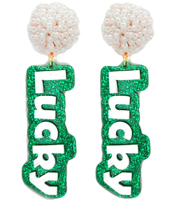 Long Gold Earrings-PomPom & LUCKY letter Earrings