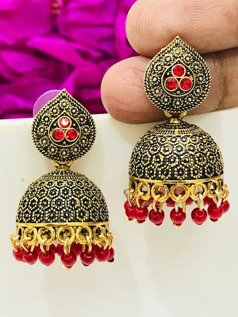 Silver Chandelier Earrings-Beautiful Red Antique Gold Unique Designed Beats Worked Earrings