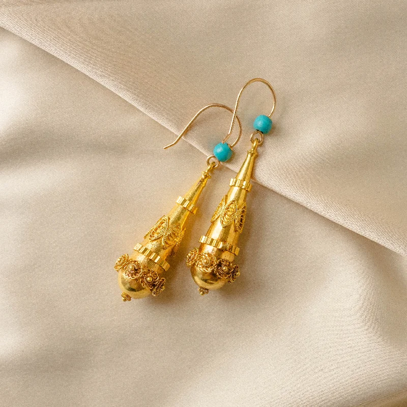 Elegant Pearl Drop Earrings-"A Turquoise Touch" 18k Torpedo Earrings with Turquoise Accent