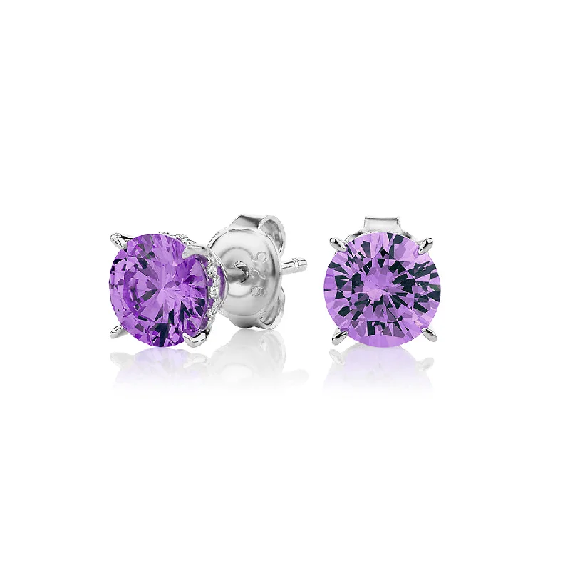 Luxury Bridal Earrings-Round Brilliant stud earrings with amethyst simulants in sterling silver