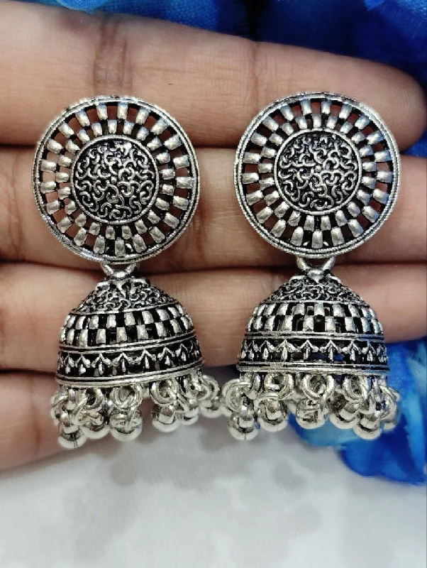 Bold Gemstone Earrings-Elegant Silver Color Oxidized Jhumka Earrings For Women