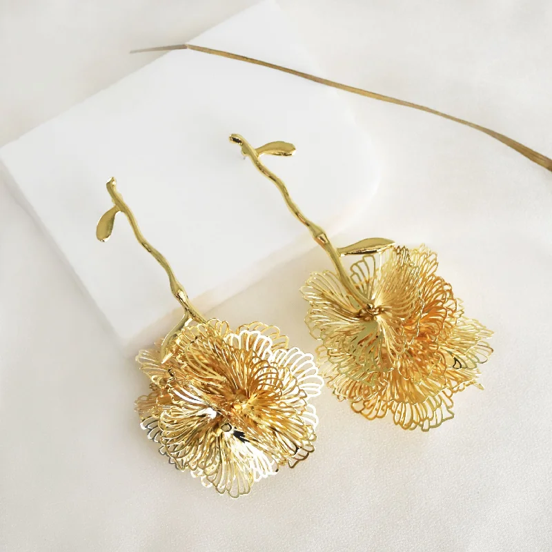 Handmade Crystal Earrings-Textured Flower Drop Statement Earring