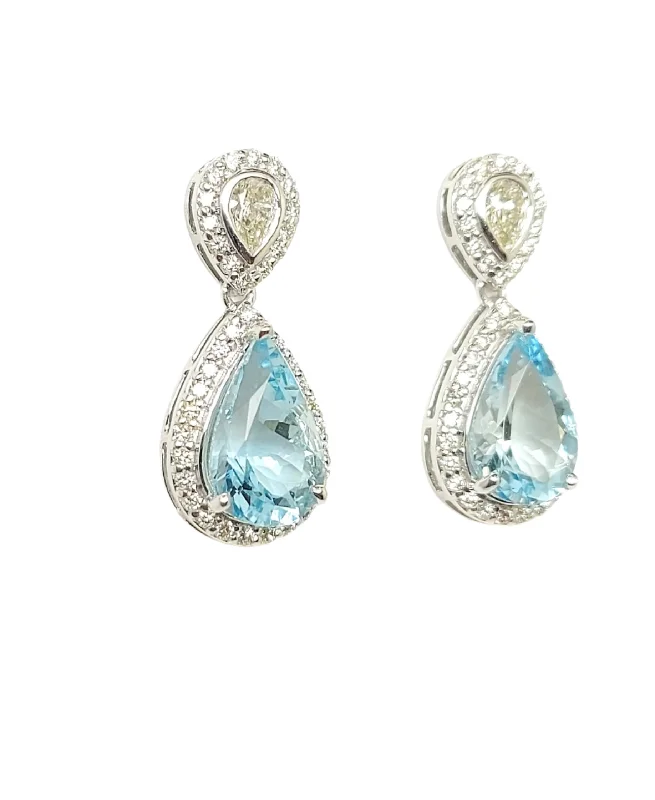 Long Diamond Earrings-Aquamarine and Diamond Halo Drop Earrings in 14k White Gold( AD NO. 2906)