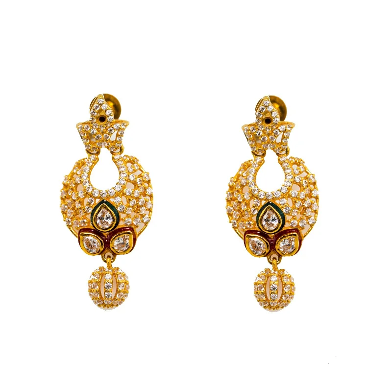 Sterling Stud Earrings-22K Yellow Gold Chandbali Earrings W/ Rubies, Emeralds CZ Gems & teardrop Accents