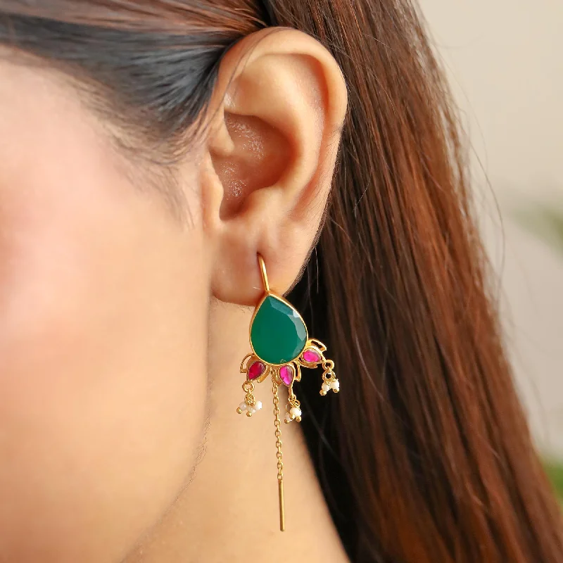 Colorful Drop Earrings-Silver Green Majestice Sui Dhaga Earrings