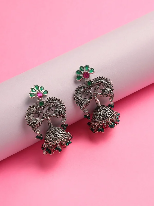 Simple Hoop Earrings-Pink & Green Stone Studded & Silver-Plated Peacock Shaped Beaded Jhumkas