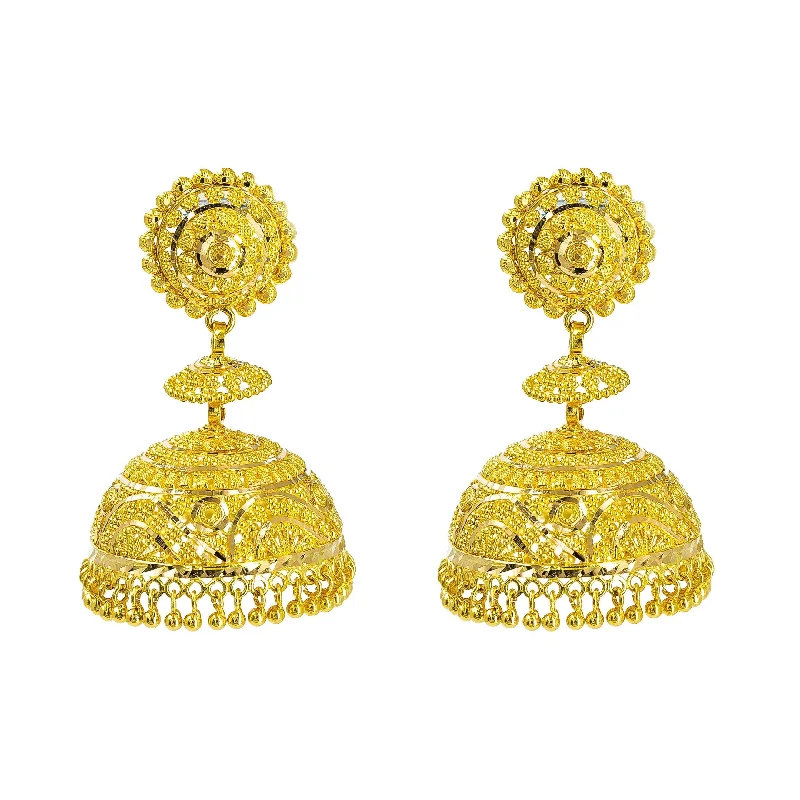 Emerald Drop Earrings-22K Yellow Gold Jhumki Earrings W/ Textured Design & Round Petaled Pendant