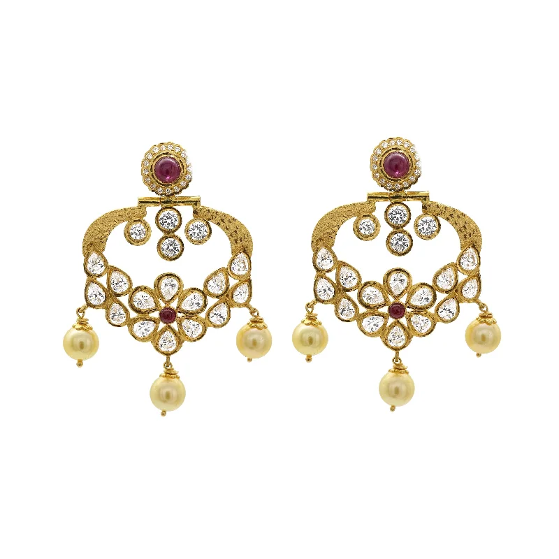 Simple Silver Stud Earrings-22K Antique Textured Gold Dangle Earrings W/ Rubies, Cubic Zirconia, & Pearls