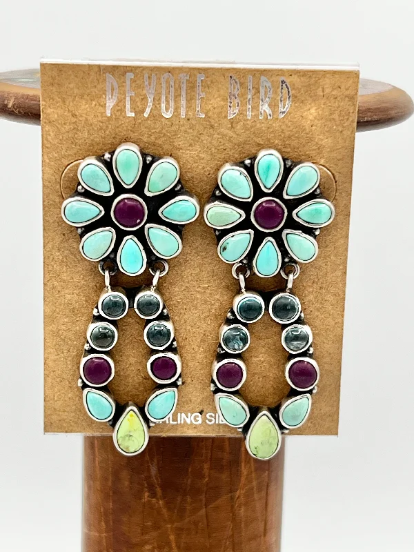 Statement Gold Earrings-Multi stone flower drop Earrings