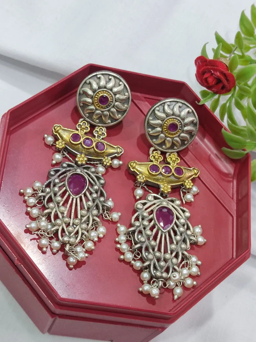 Floral Drop Earrings-Two Tone Ruby Stoned High End Oxidized Earrings