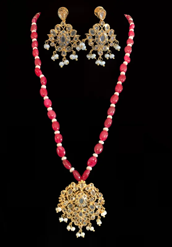 Long Silver Earrings-PS512 Hania hyderabadi pendant set in ruby with earrings  ( READY TO SHIP )