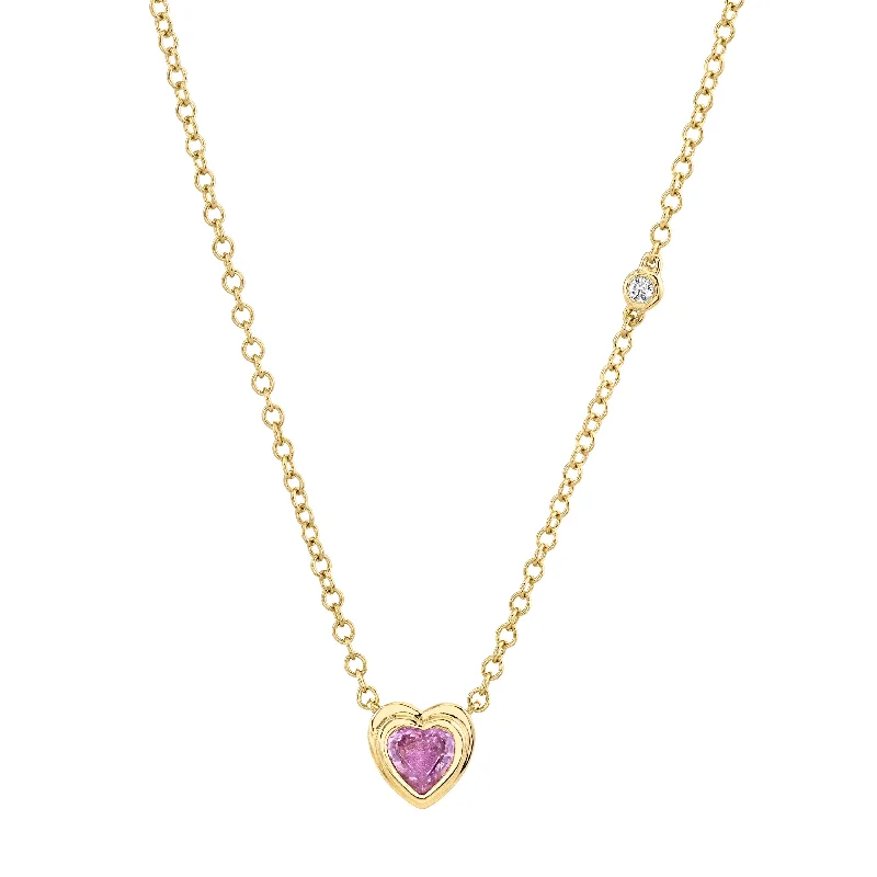 Colorful Gold Necklace-MINI ME PINK SAPPHIRE BEZEL HEART NECKLACE