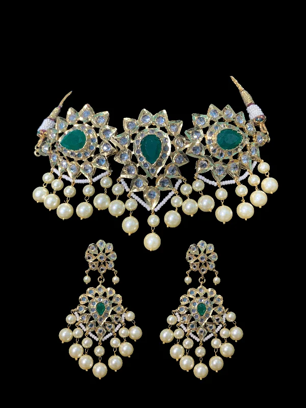 Luxury Gemstone Earrings-C179 Shaburi gold plated Hyderabadi choker with earrings ( READY TO SHIP)