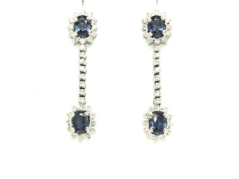 Gold Dangle Earrings-Halo Blue Sapphire And Diamond Dangle Earring Ad No. 0793