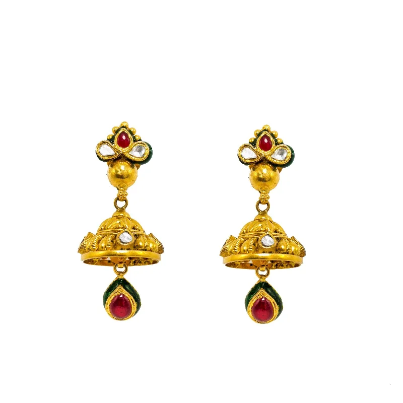 Wedding Pearl Earrings-22K Yellow Gold Jhumki Earrings W/ Rubies, Emeralds, Kundan & Artisanal teardrop Accents