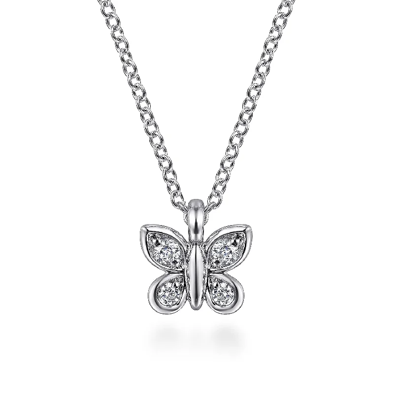 Custom Gemstone Pendant Necklace-14K White Gold Diamond Butterfly Pendant Necklace