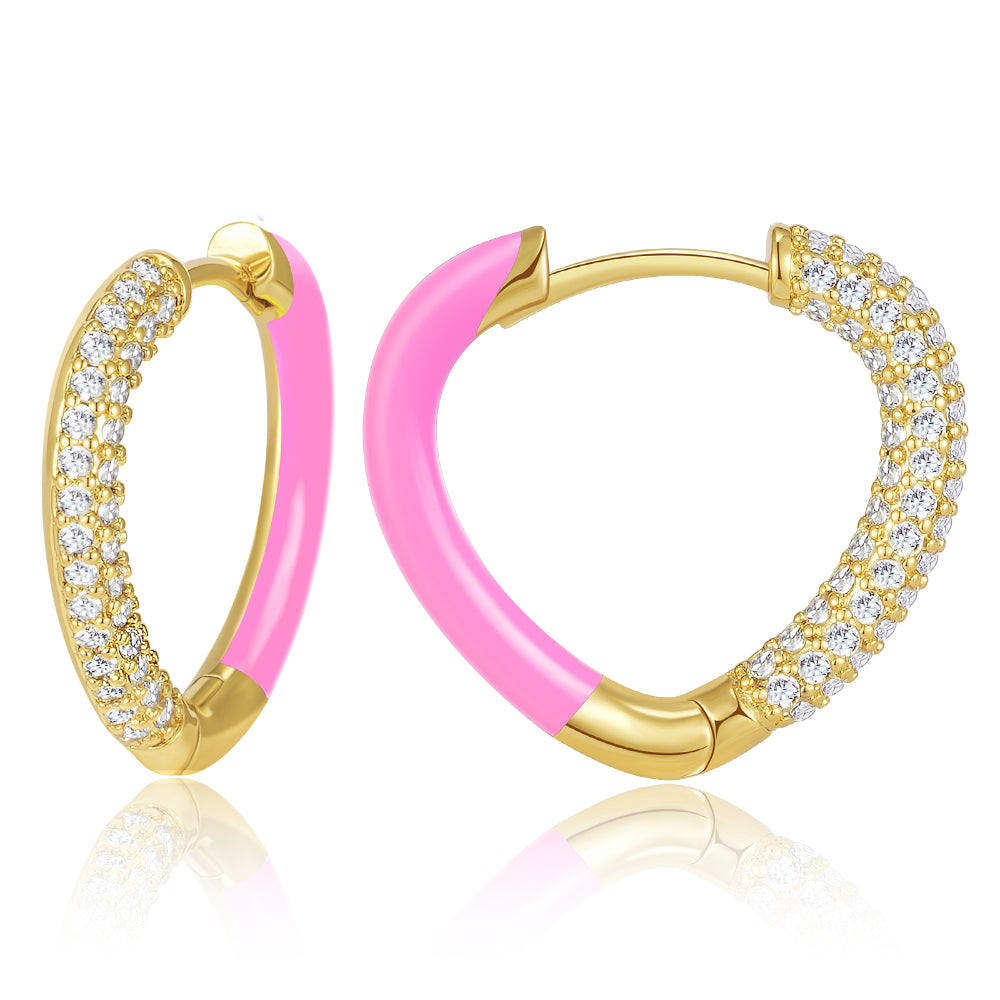 Chandelier Earrings for Weddings-Pink Enamel Heart Huggie Hoops