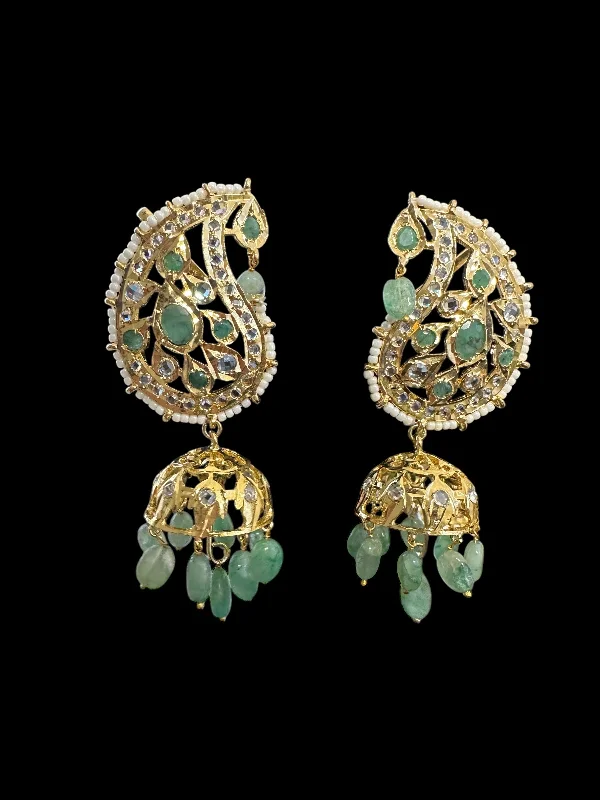 Minimalist Hoop Earrings-DER726 Kaan phool jhumka earrings in emeralds  ( READY TO SHIP )