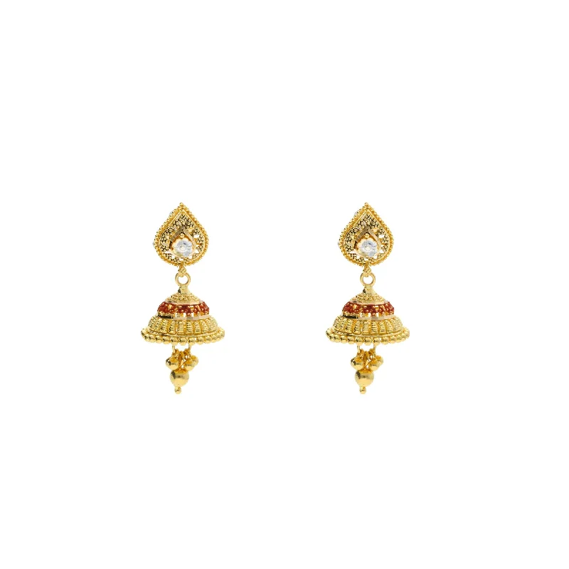 Tropical Earrings for Summer-22K Yellow Gold Jhumki Drop Earrings W/ Meenakari Details & Flower Decals