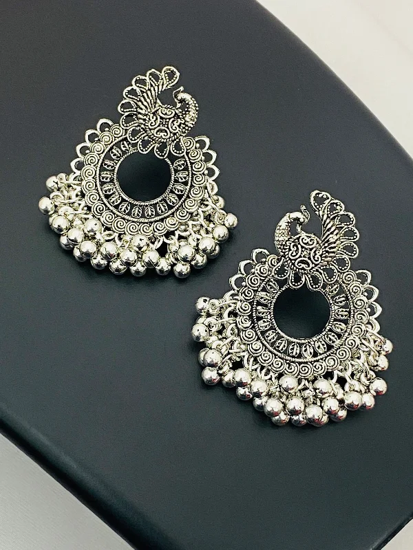 Stylish Dangling Earrings-Alluring Oxidized Silver Peacock Design Jhumkas With Bead Hangings