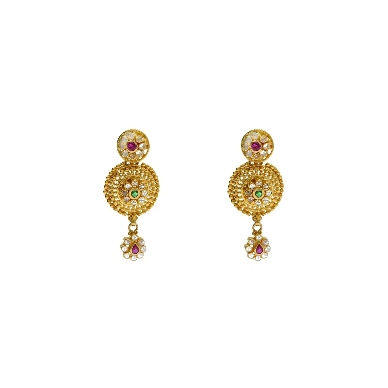 Boho Style Earrings-22K Yellow Gold Drop Earrings W/ Rubies, Emeralds, CZ & Dome Shield Accents