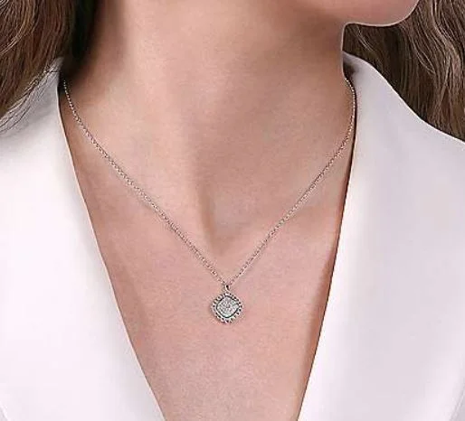 Stylish Heart Necklace-925 Sterling Silver White Sapphire Pavé Center and Bujukan Bead Frame Pendant Necklace