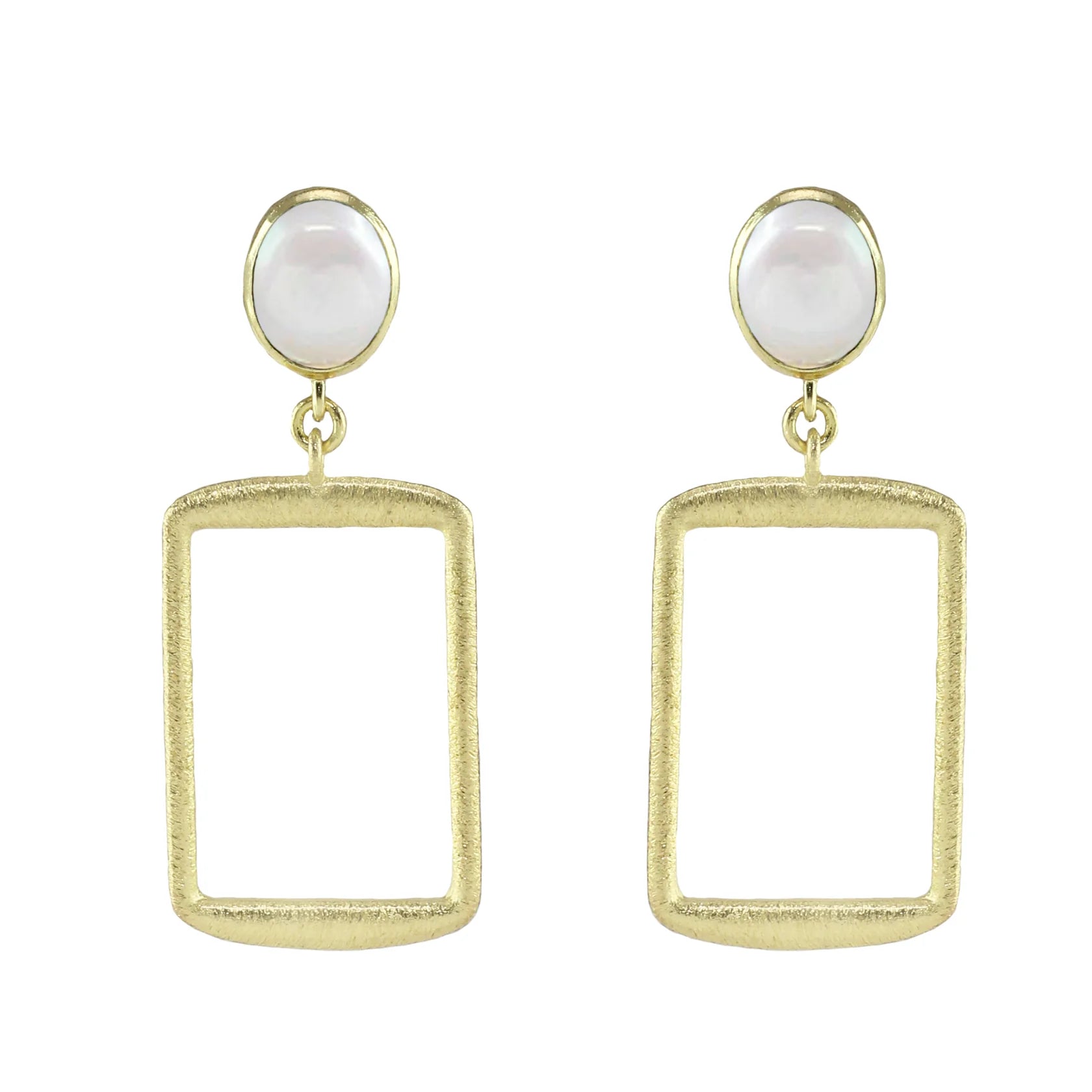 Pink Gemstone Earrings-18K YG Plated Open Rectangle Drop With With Pearl Post Earrings.