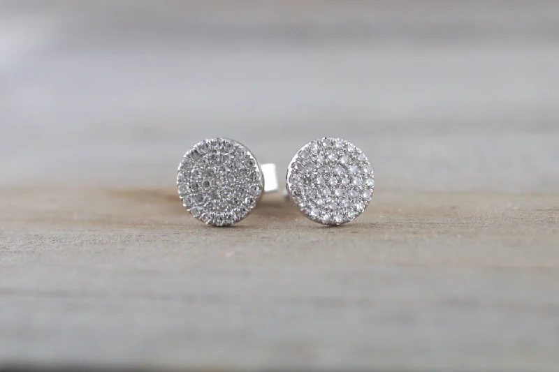 Gold Bead Earrings-14k White Gold Disk Design Circle Infinite Diamond Earrings Stud Post Studs Round Micro Pave Flat