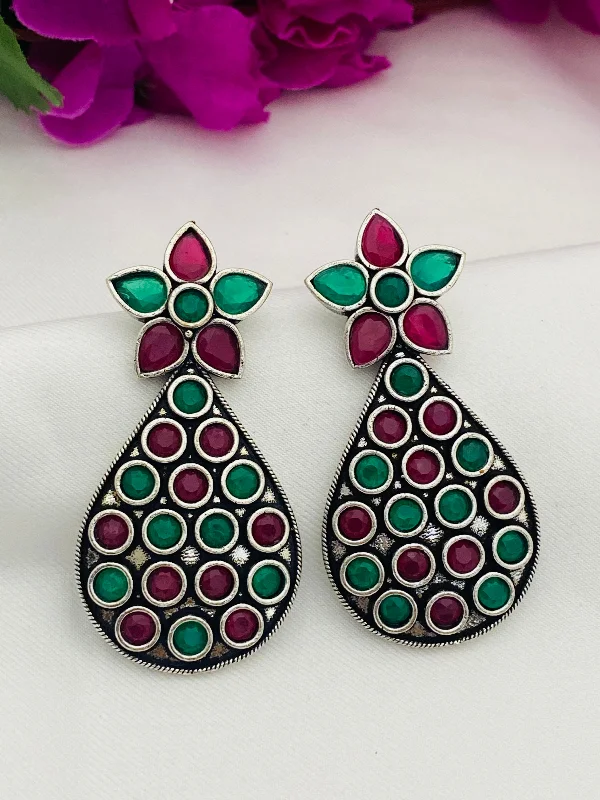 Rose Gold Drop Earrings-Trendy Emerald Ruby Stone  Oxidized German Silver Plated Ethnic Earrings