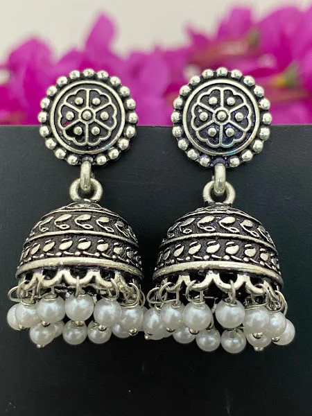 Elegant Drop Earrings-Appealing Oxidized Silver Jhumkas With Pearl Hangings