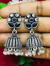 Artistic Gemstone Earrings-Dazzling Fabulous Blue Color Oxidized Jhumka Earrings For Women