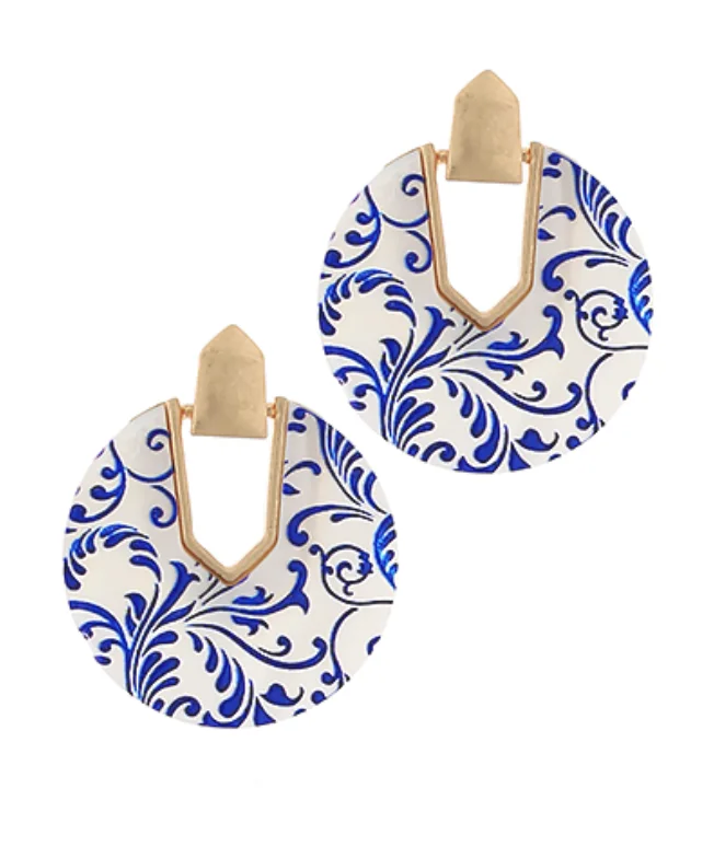 Floral Drop Earrings-Blue Pattern Dangle Earrings