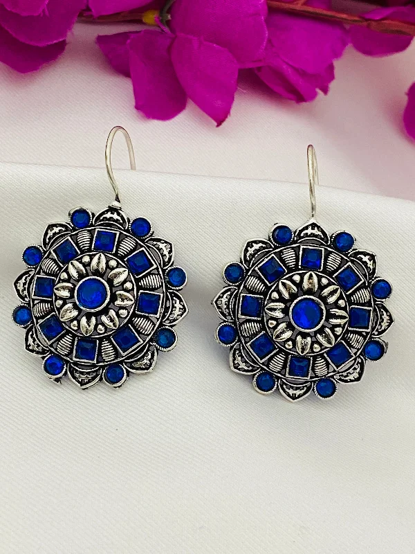 Crystal Drop Earrings-Gorgeous Floral Design Silver Plated Oxidized Blue Stone Studded Hook Earrings