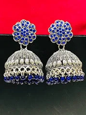 Casual Silver Earrings-Beautiful Oxidized Blue Color Flower Design Jhumka Earrings