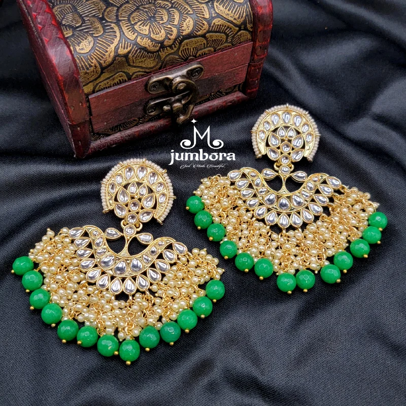 Spiral Silver Earrings-Statement Chand Bali Kundan Earrings with green Bead