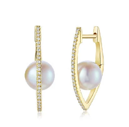 Fashion Earrings for Teenagers-14K Diamond Elongated V-Shaped Hoop Earrings With Pearl