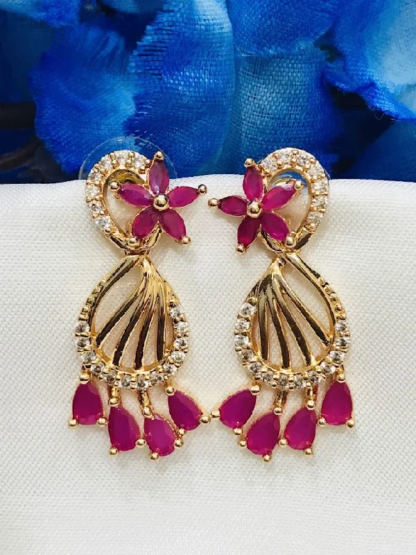 Large Crystal Drop Earrings-Charming Gold Plated Stone Work Earrings For Women